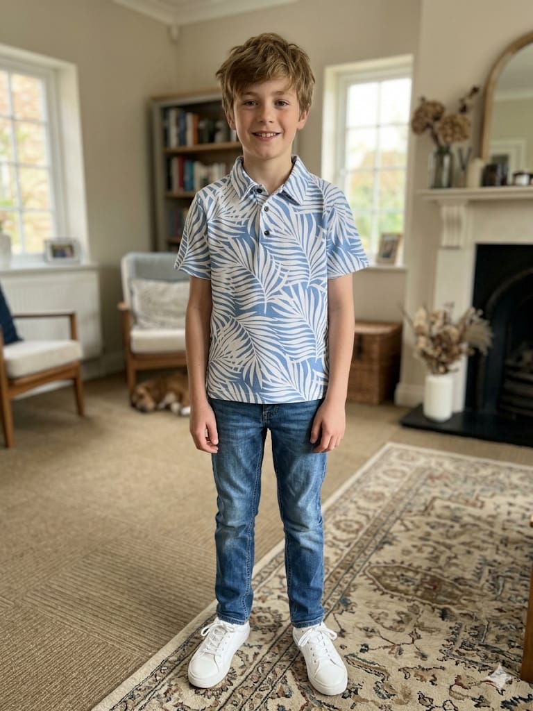 Tree Print White Polo T-shirt-Boys