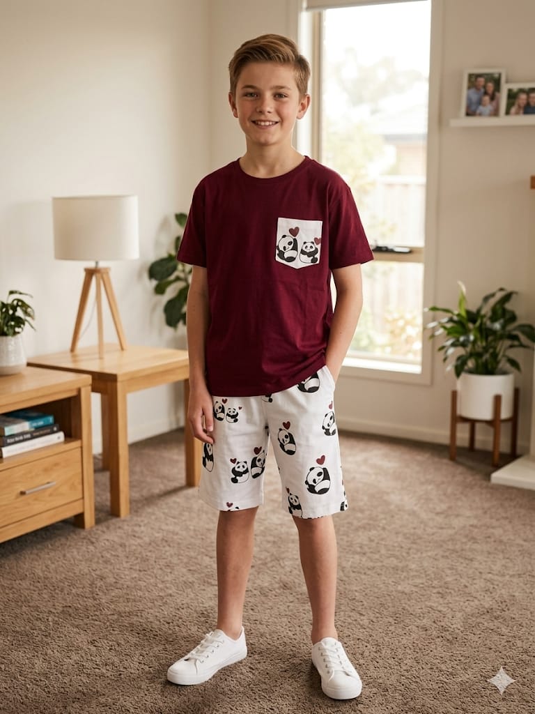 Pandas Print Mehroon Nicker- Suit- Boys