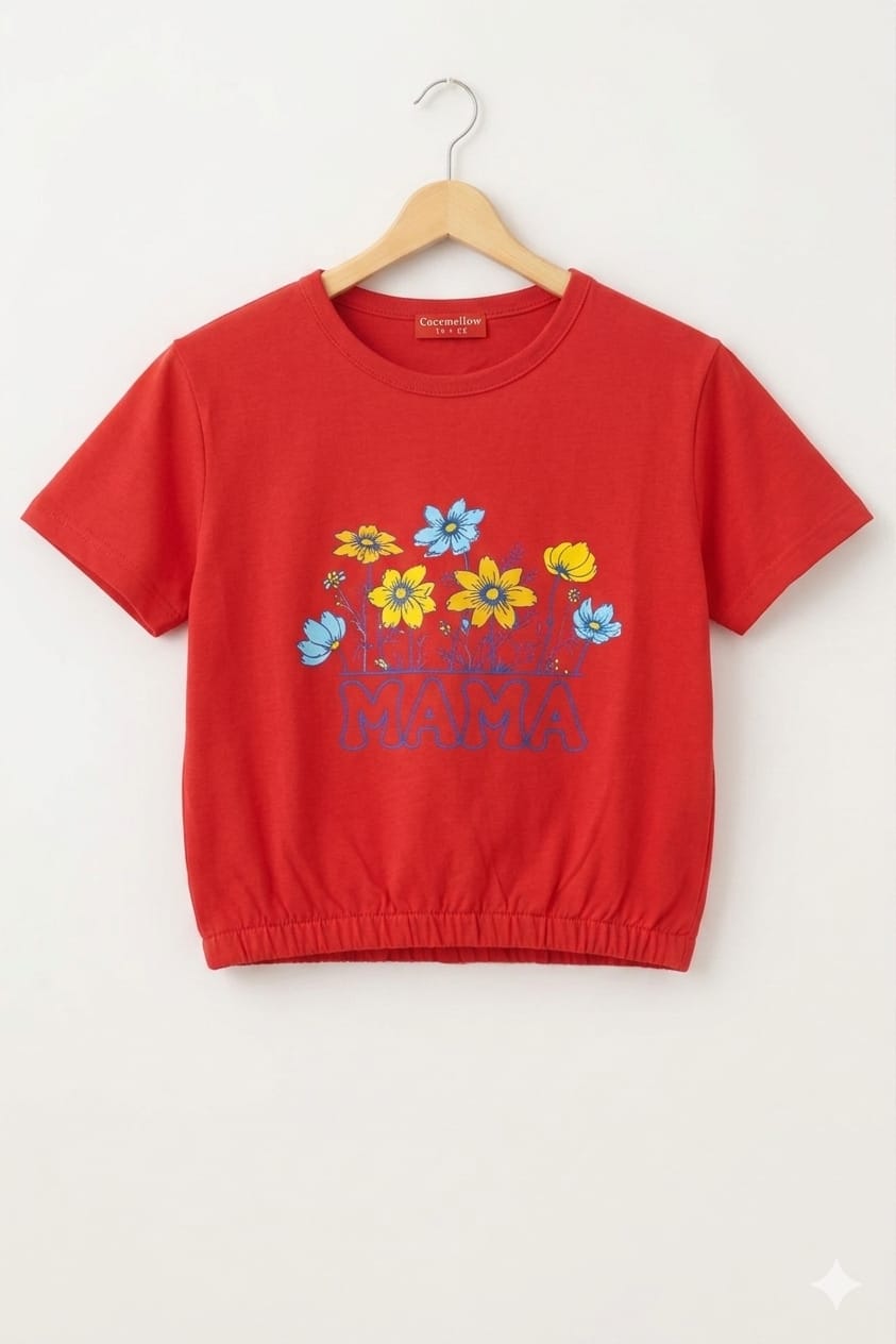 Short Length MAMA Print Embroidery  T- Shirt- Girls