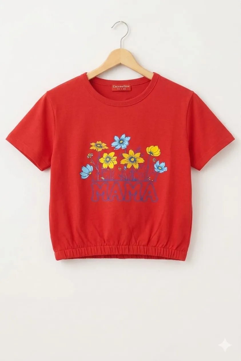 Short Length MAMA Print Embroidery  T- Shirt- Girls (19N)