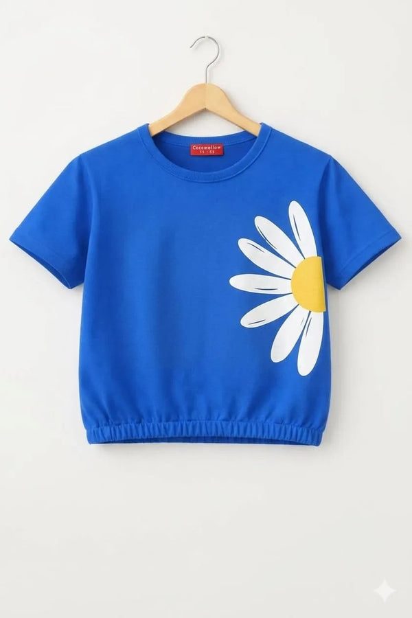 Short length Sun Flower Print Blue  T- Shirt- Girls (45, 38 N)