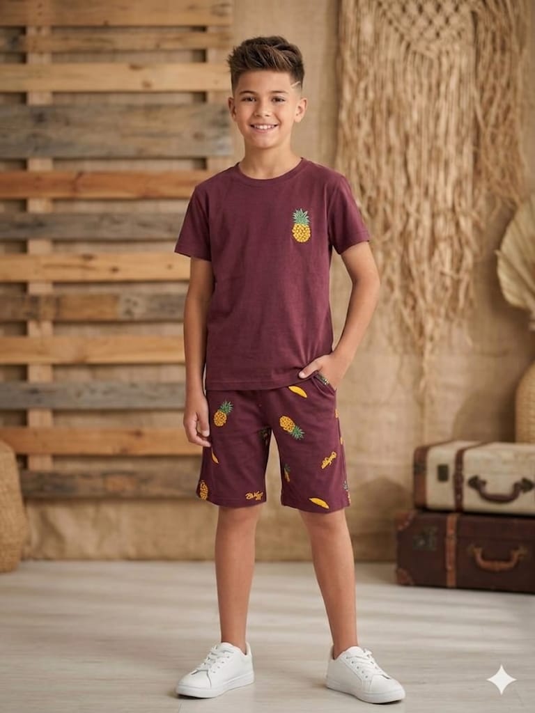 Pineapple Print mehroon Nicker Suit- Boys