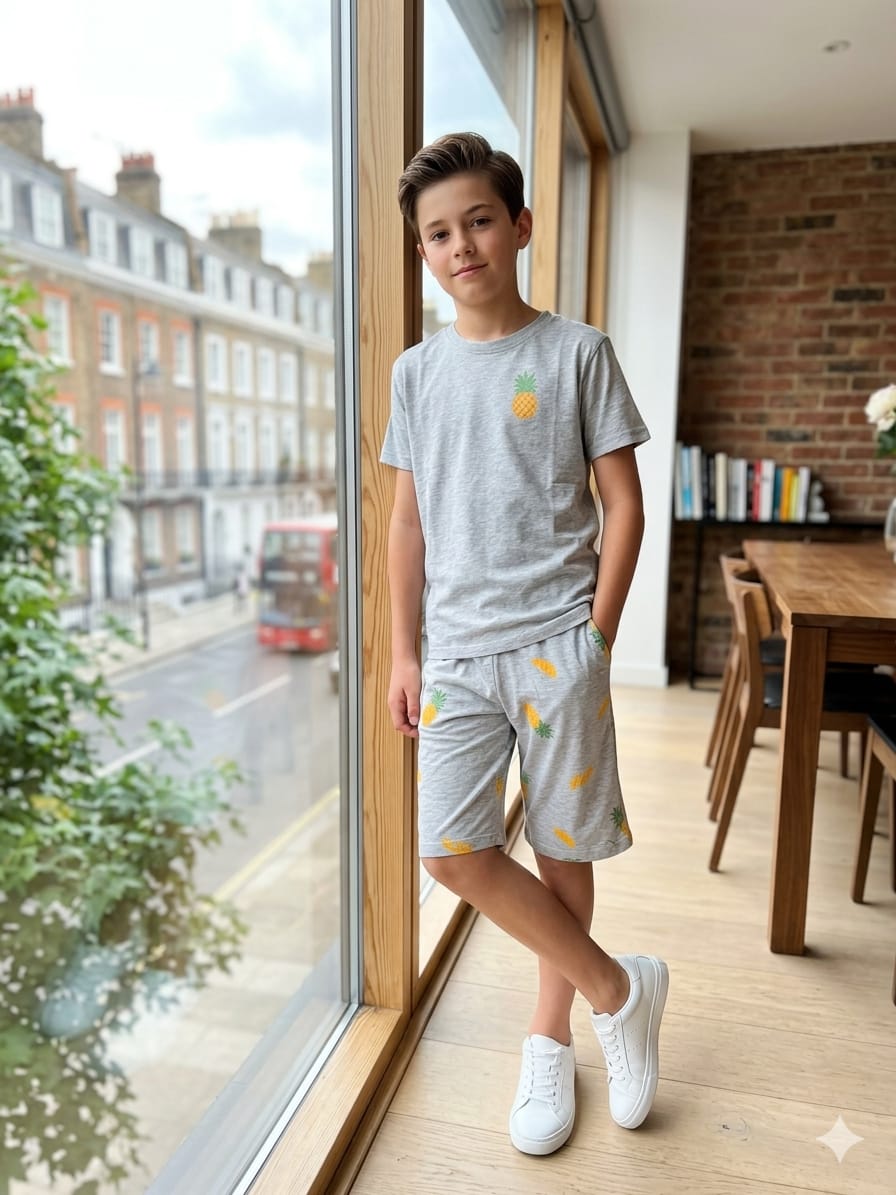 Pineapple Print mehroon Grey Suit- Boys