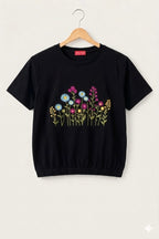 Spring Blossom Emmbroidery Black- T-Shirt-Girls(R-63)