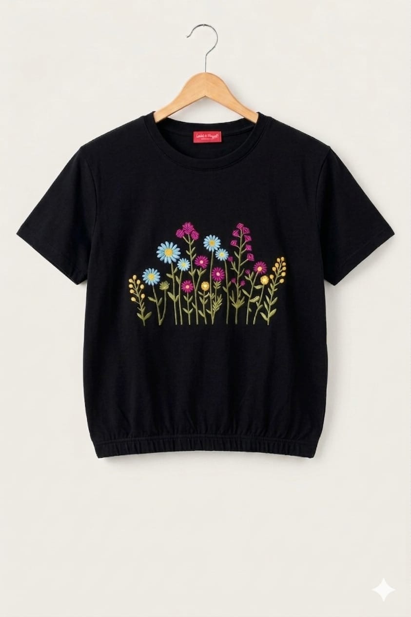 Spring Blossom Emmbroidery Black- T-Shirt-Girls