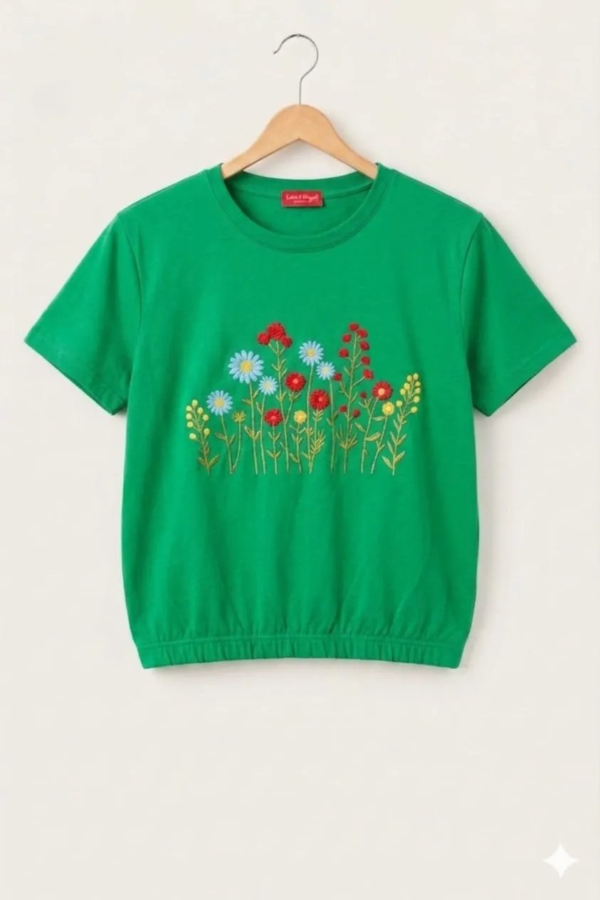 Spring Blossom Embroidery Green- T-Shirt-Girls (39N)