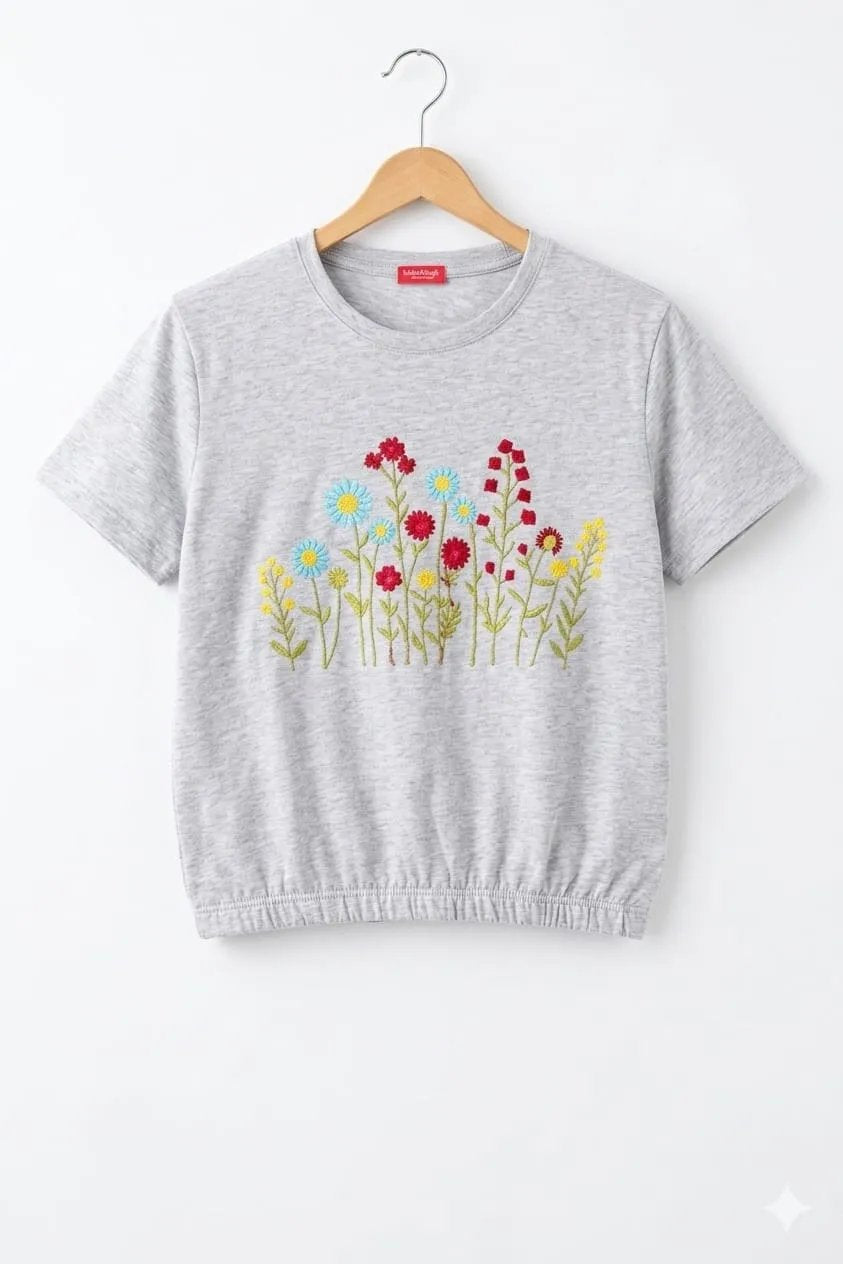 Spring Blossom Embroidery Grey T-Shirt-Girls (113N)