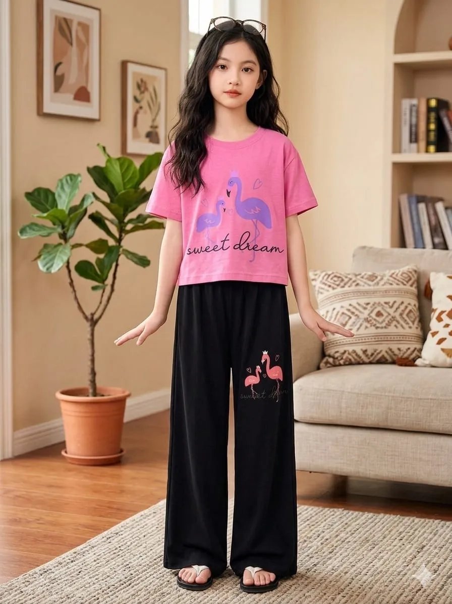 Flamingo Print Baby Pink Baggy Trouser Shirt for Girls