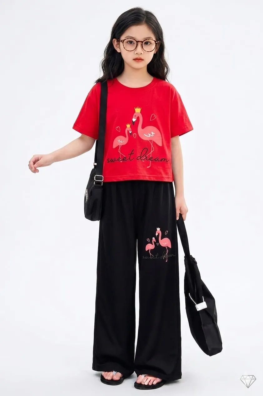Flamingo Print baby pink Baggy Trouser Shirt -Girls