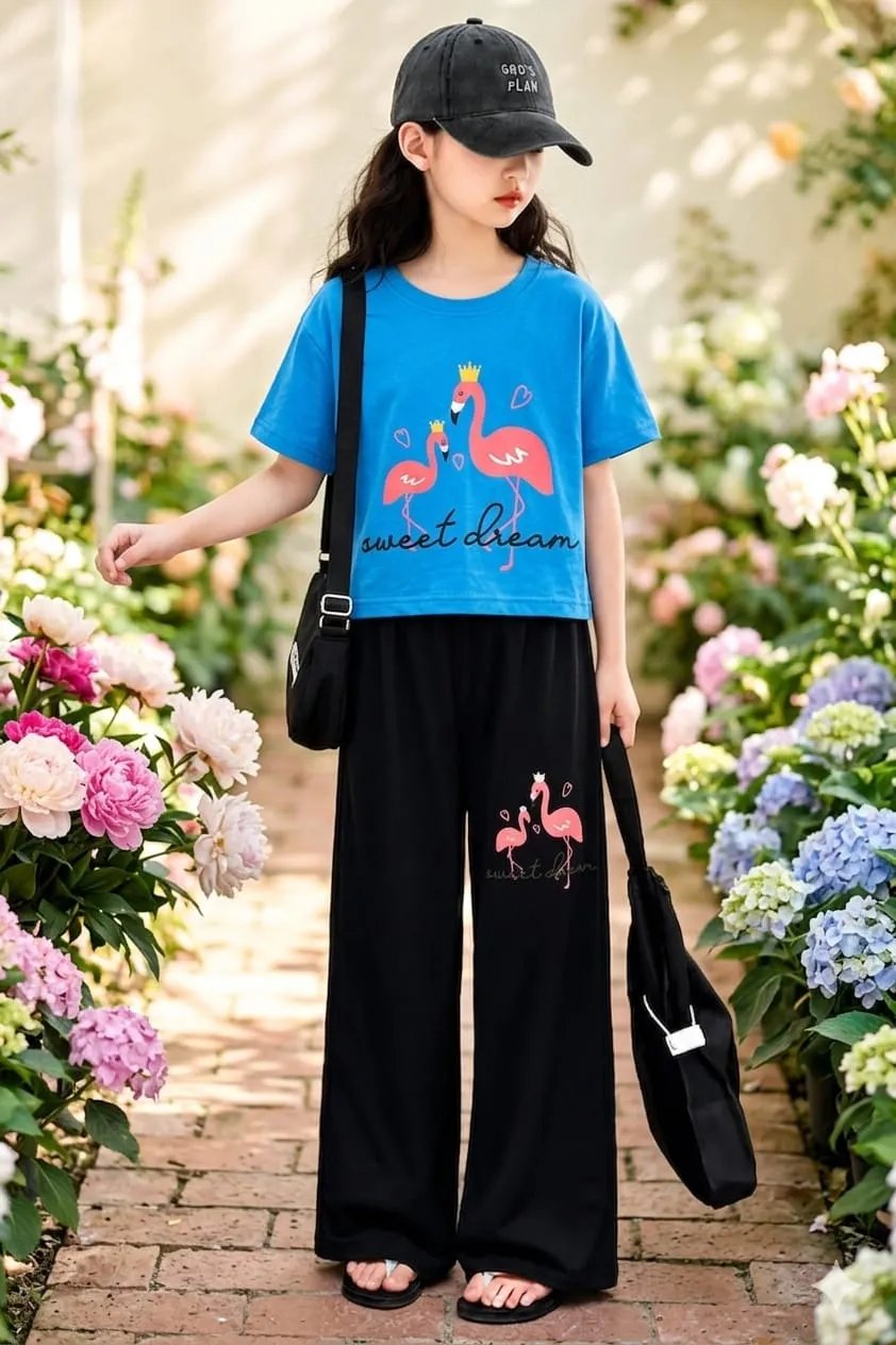 Flamingo Print Sky Baggy Trouser Shirt for Girls (47N)