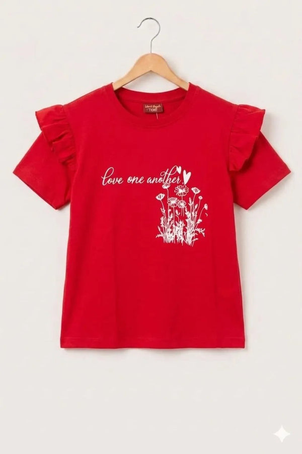 Flowers White Petal Print Red T- Shirt- Girls (27N)