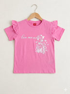 Flowers White Petal Print Pink T- Shirt- Girls