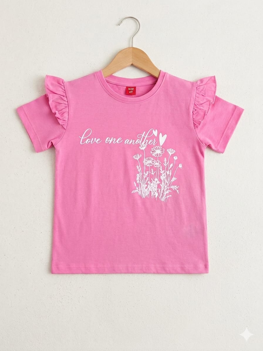 Flowers White Petal Print Pink T- Shirt- Girls