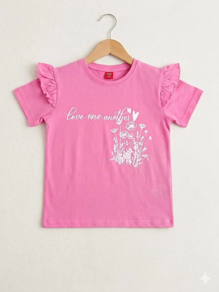 Flowers White Petal Print Pink T- Shirt- Girls(R-40N)