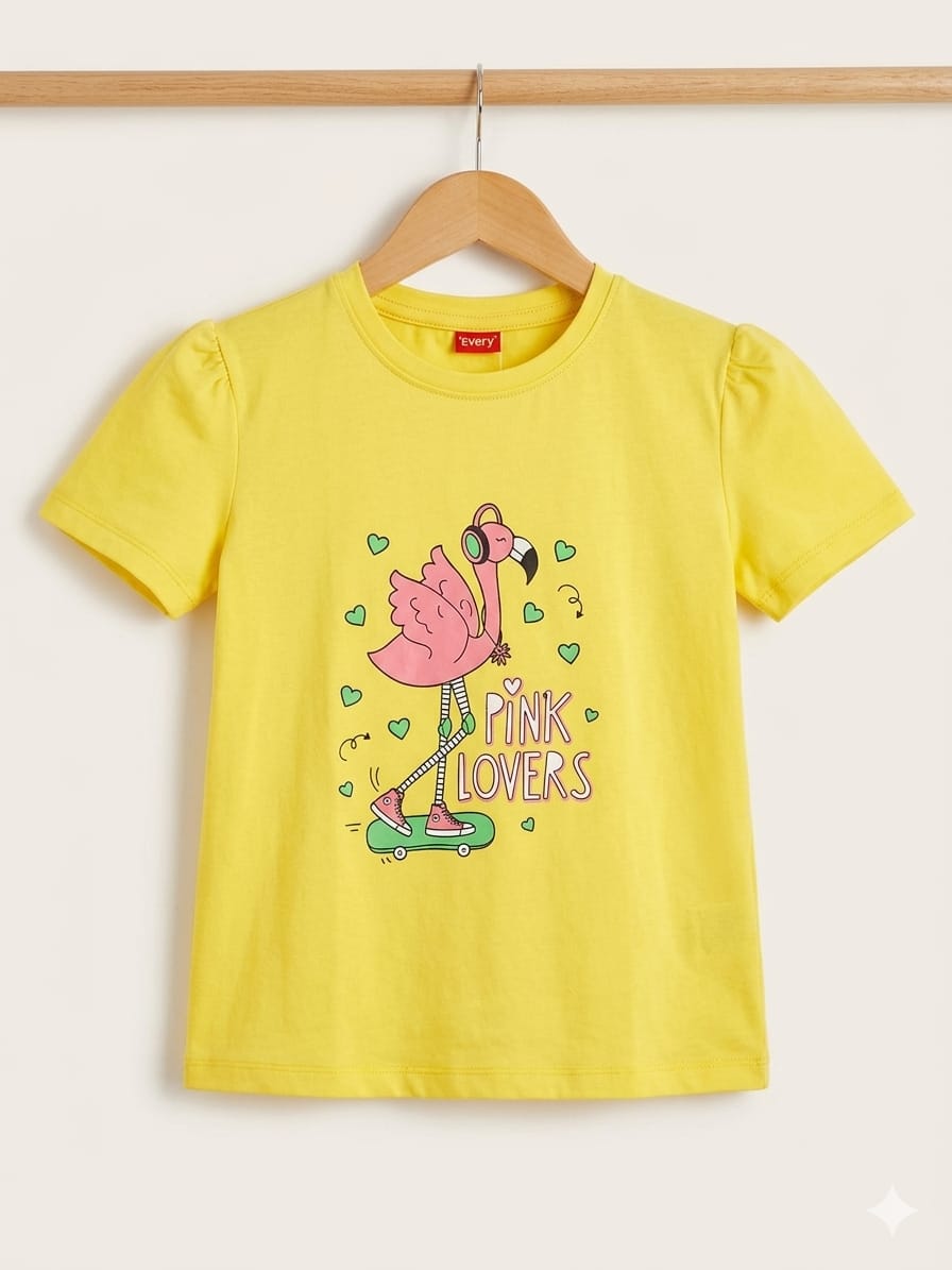 Pink lovers  Print Yellow T- Shirt- Girls