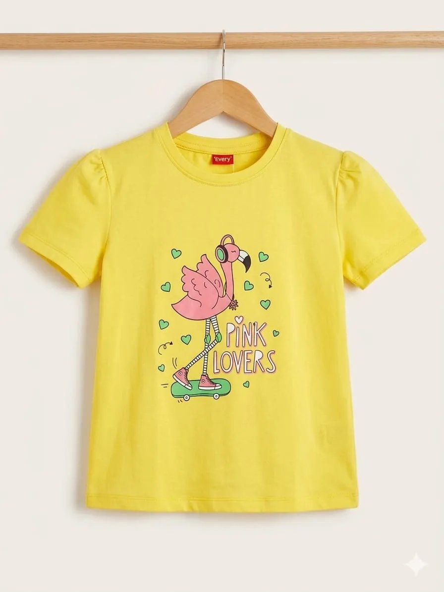 Pink lovers  Print Yellow T- Shirt- Girls (51N)