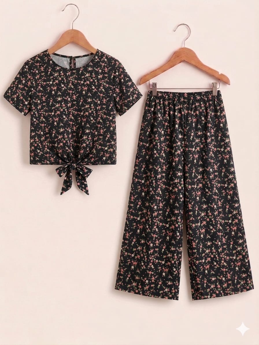 Red Flowers Print Black Skate Fish- Girls