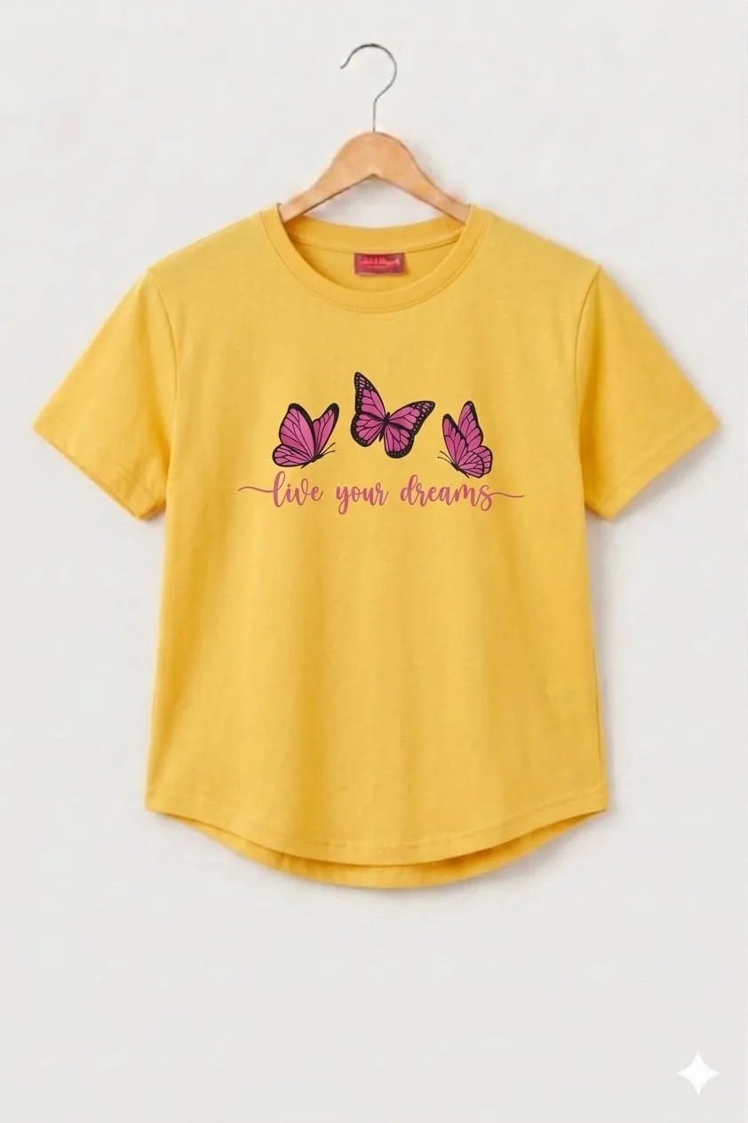 Butterfly Print Yellow T-Shirt-Girls (3N)
