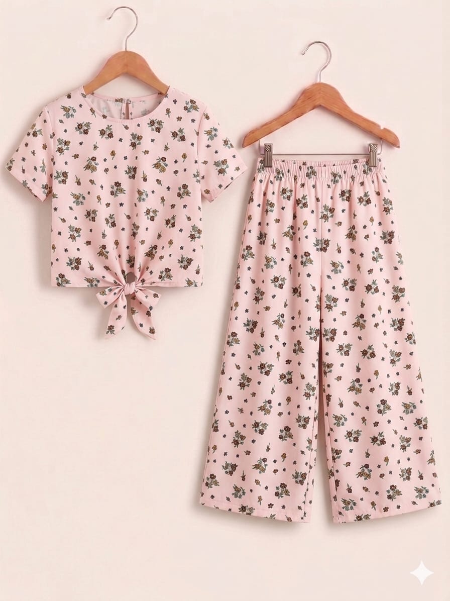 Brown Flowers Print Baby Pink Half Sleeveless Skate Fish-Girls