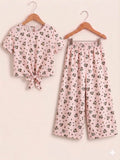 Brown Flowers Print Baby Pink Half Sleeveless Skate Fish-Girls