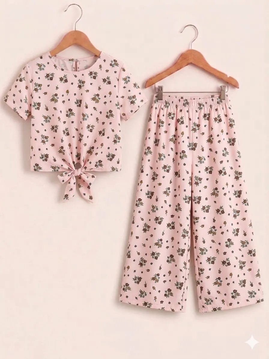 Brown Flowers Print Baby Pink Half Sleeveless Skate Fish-Girls