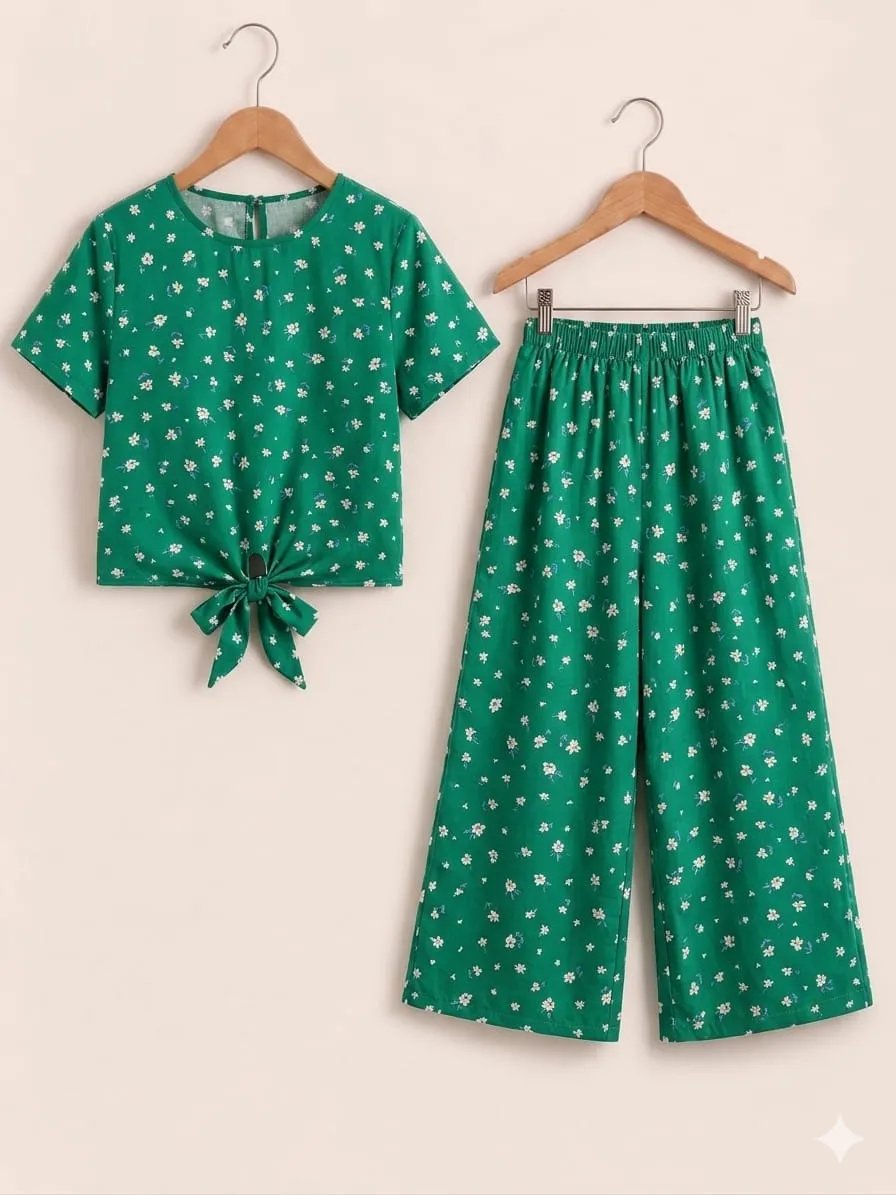 White Flowers Print Dark Green Skate Fish- Girls