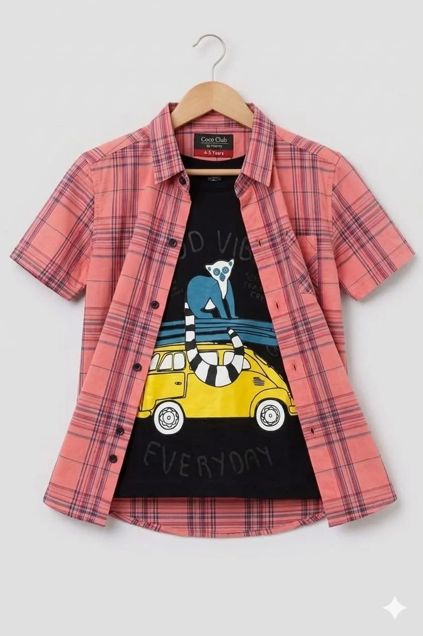 Car Print Pink Double Shirt Boys