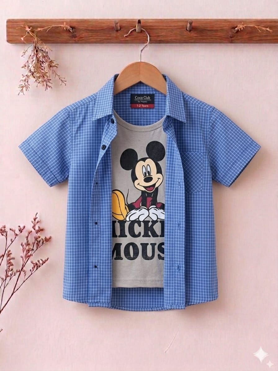 Mickey Mouse Print Double Casual Shirt- Boys