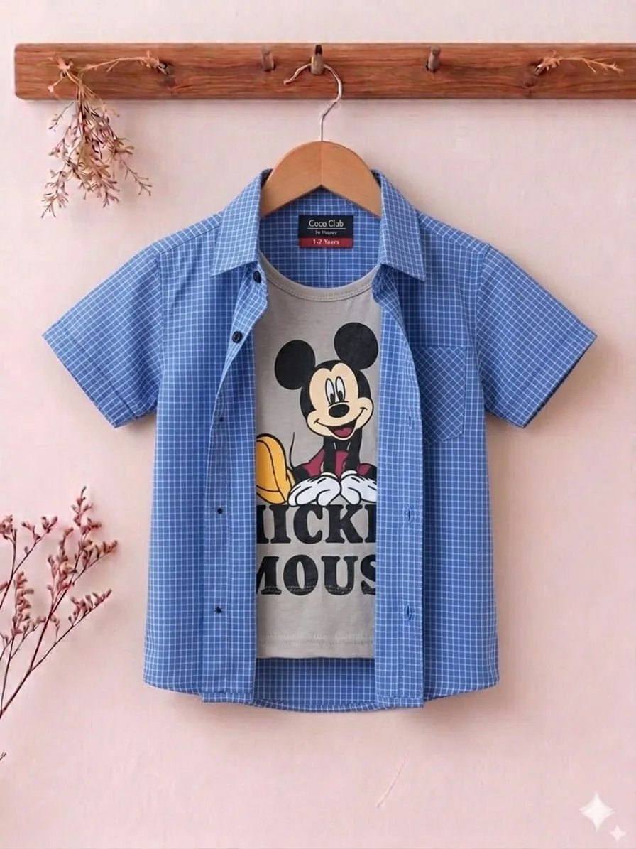Mickey Mouse Print Double Casual Shirt- Boys