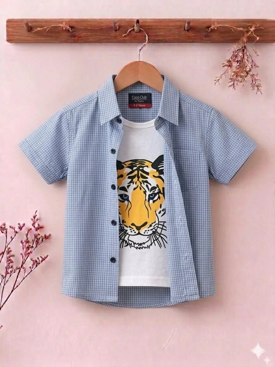 Simba Print Blue Lines Double Casual Shirt- Boys