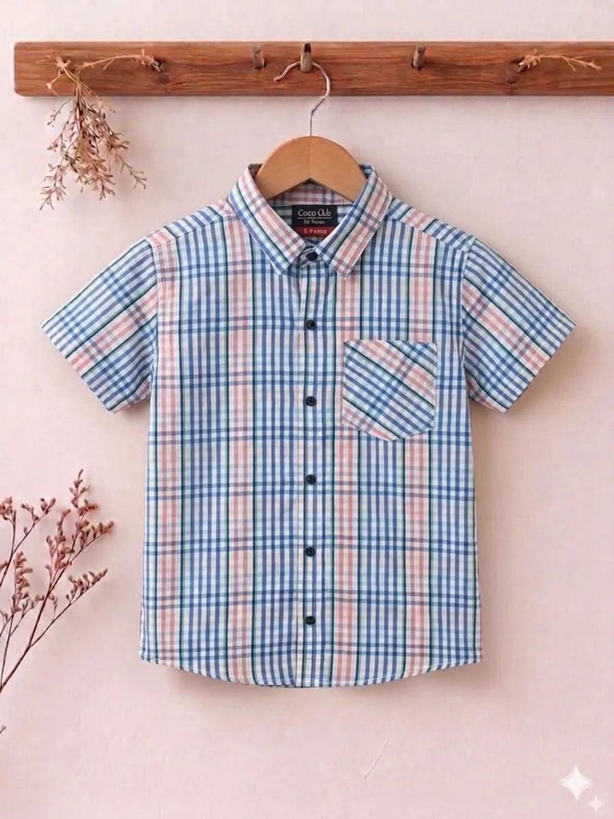 Blue Peach Lines Print Half Sleeves Casual Shirt- Boys (16N)