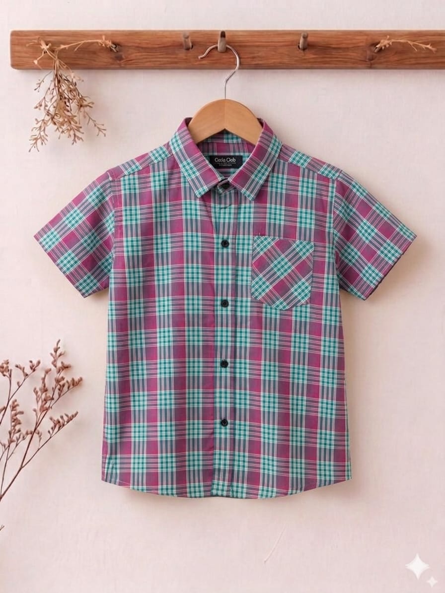 Red & C green Lines Print Half Sleevless Casual Shirt- Boys