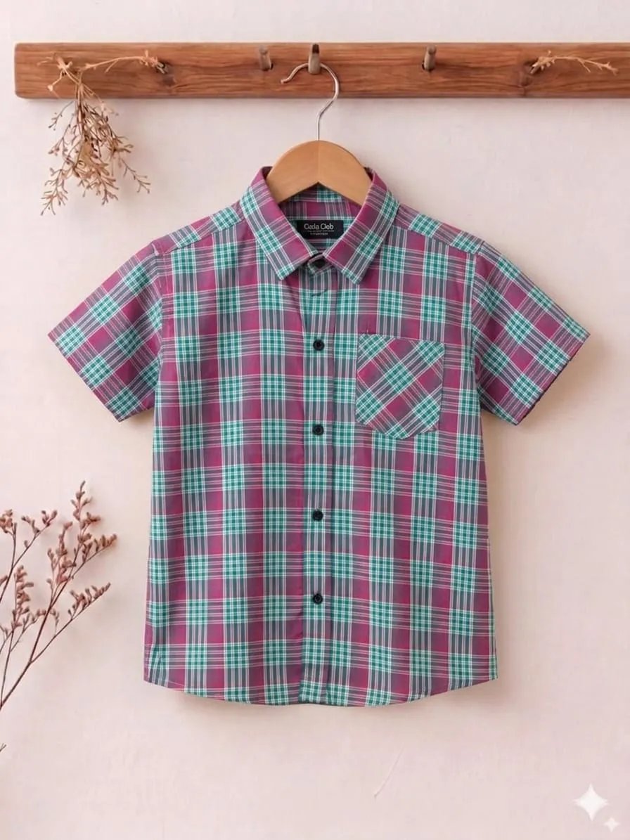 Red and Teal Lines Print Half Sleeveless Casual Shirt - Boys