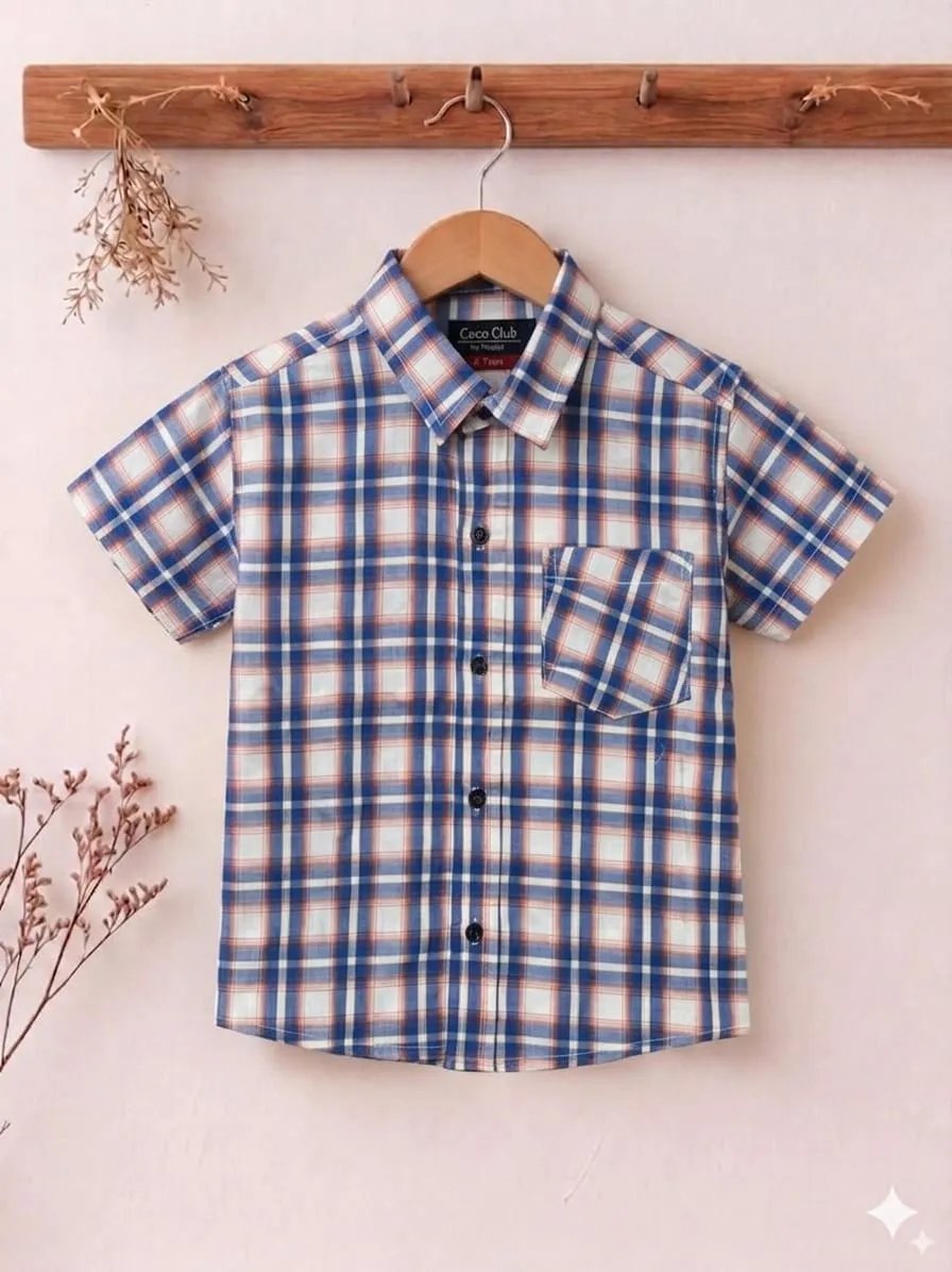 Blue & Lines Print Half Sleevless Casual Shirt- Boys