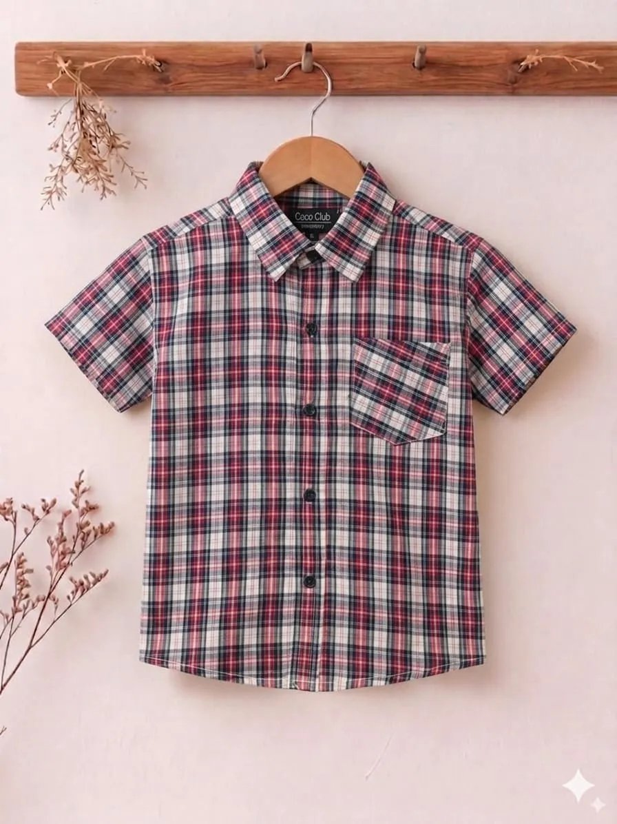 Red Lines Print Half Sleevless Casual Shirt- Boys