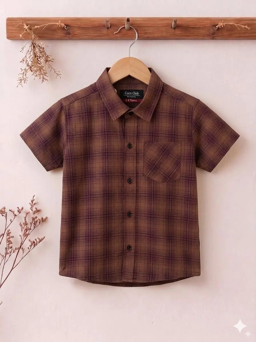 Brown  Lines Print Half Sleevless Casual Shirt- Boys