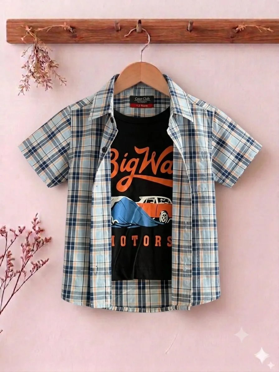 Big War Print Black Inner Double Casual Shirt- Boys