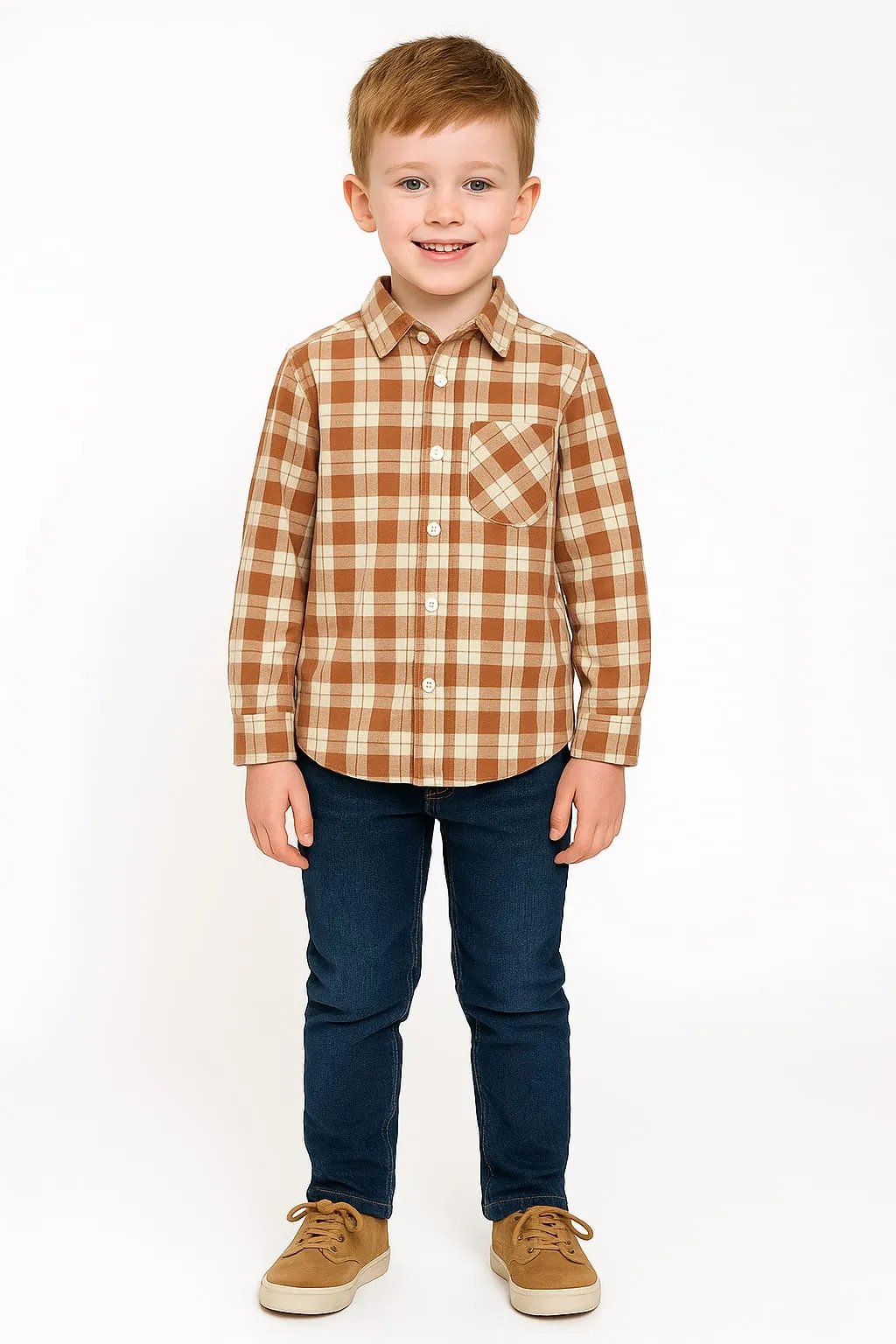 Brown and White Boxes Full Sleeve Casual Shirt-Boys