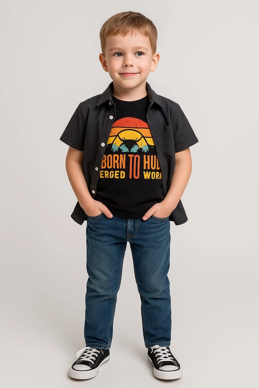 Born To Hunt Black Check Double Shirt Boys