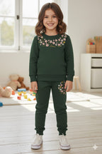 Love & Flowers embroidery dark green track suit- Girls (R-11)