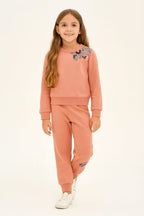 Floral embroidery peach track suit-Girls (R-11)