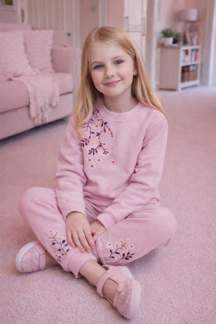 Spring blossom  embroidery pink track suit- Girls
