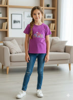 Multiple Flowers Print Purple Embroidery T- Shirt- Girls