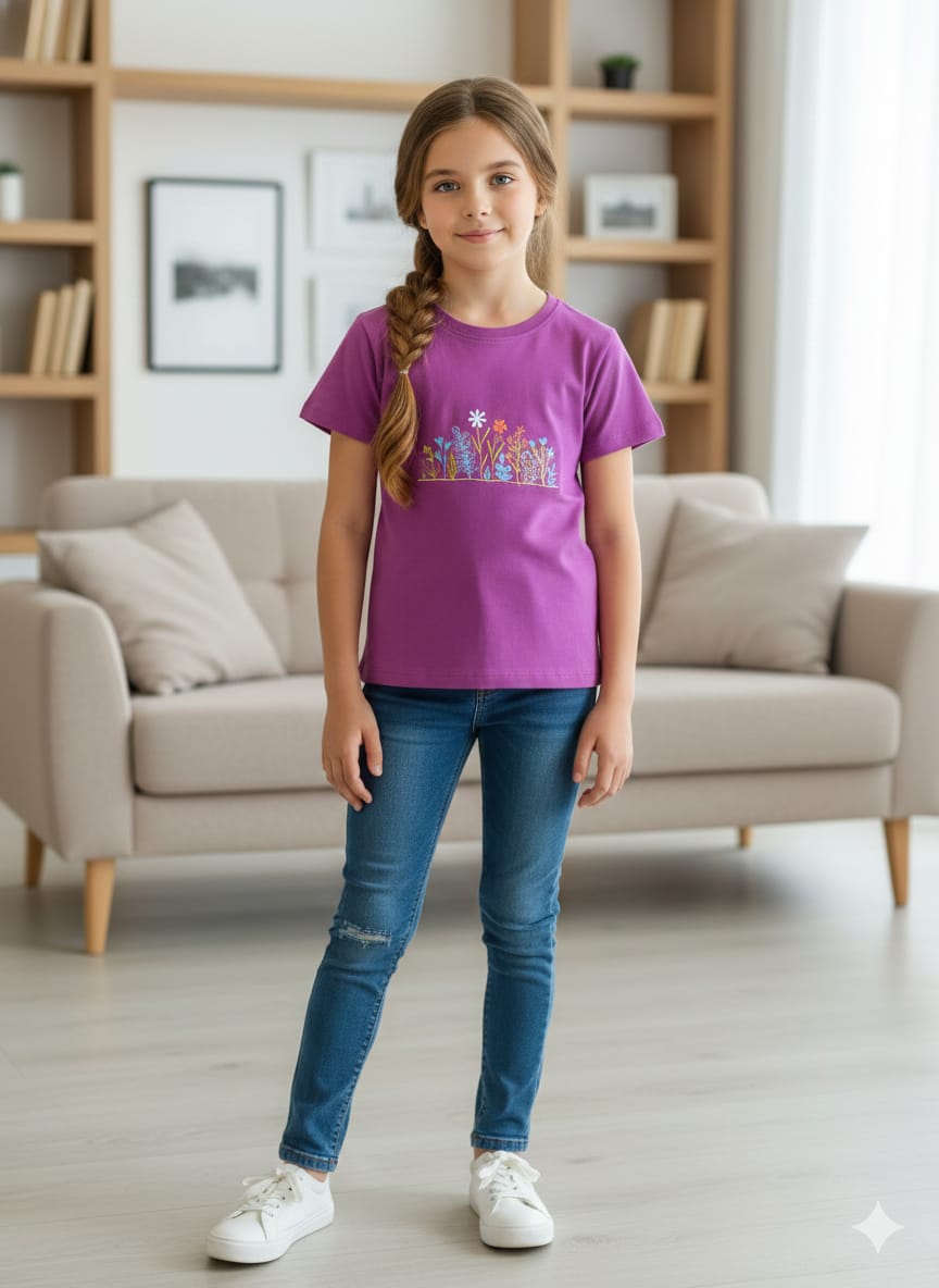 Multiple Flowers Print Purple Embroidery T- Shirt- Girls