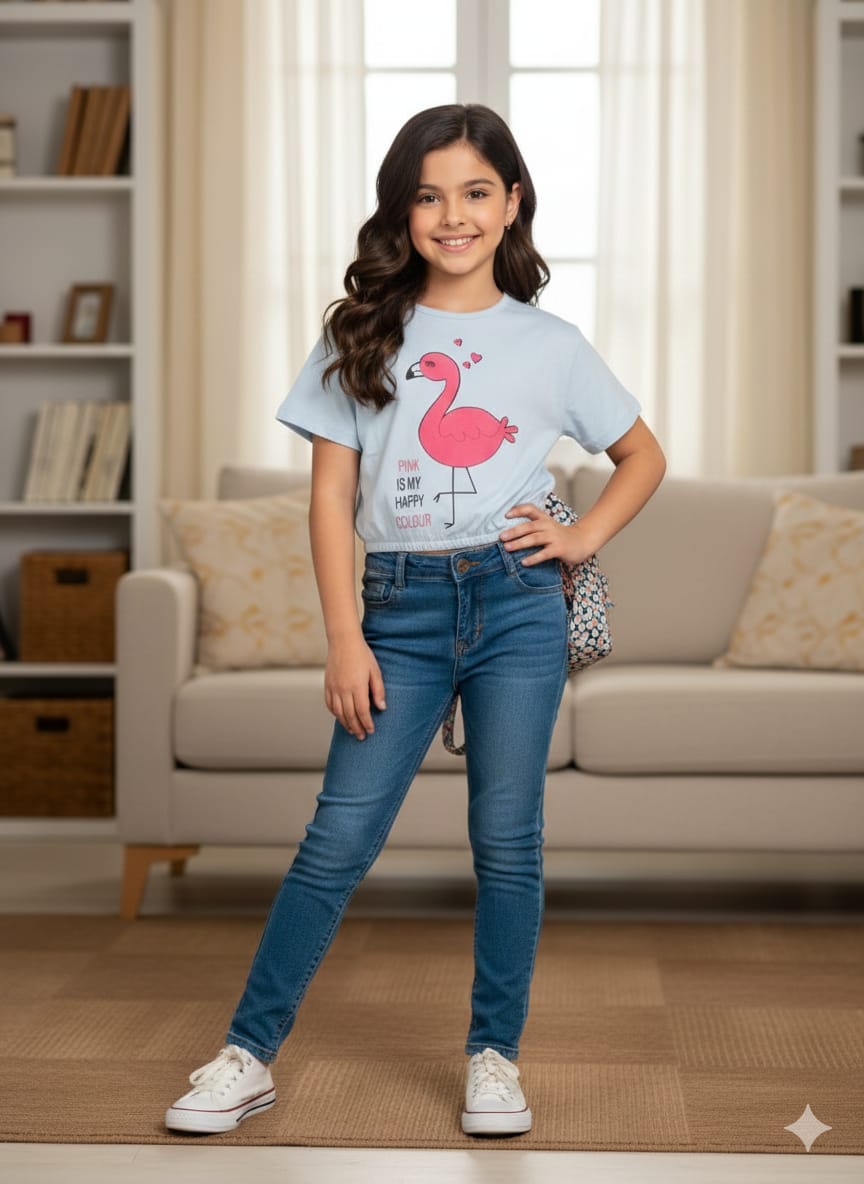 Short Length Falmingo Print Sky  T- Shirt- Girls