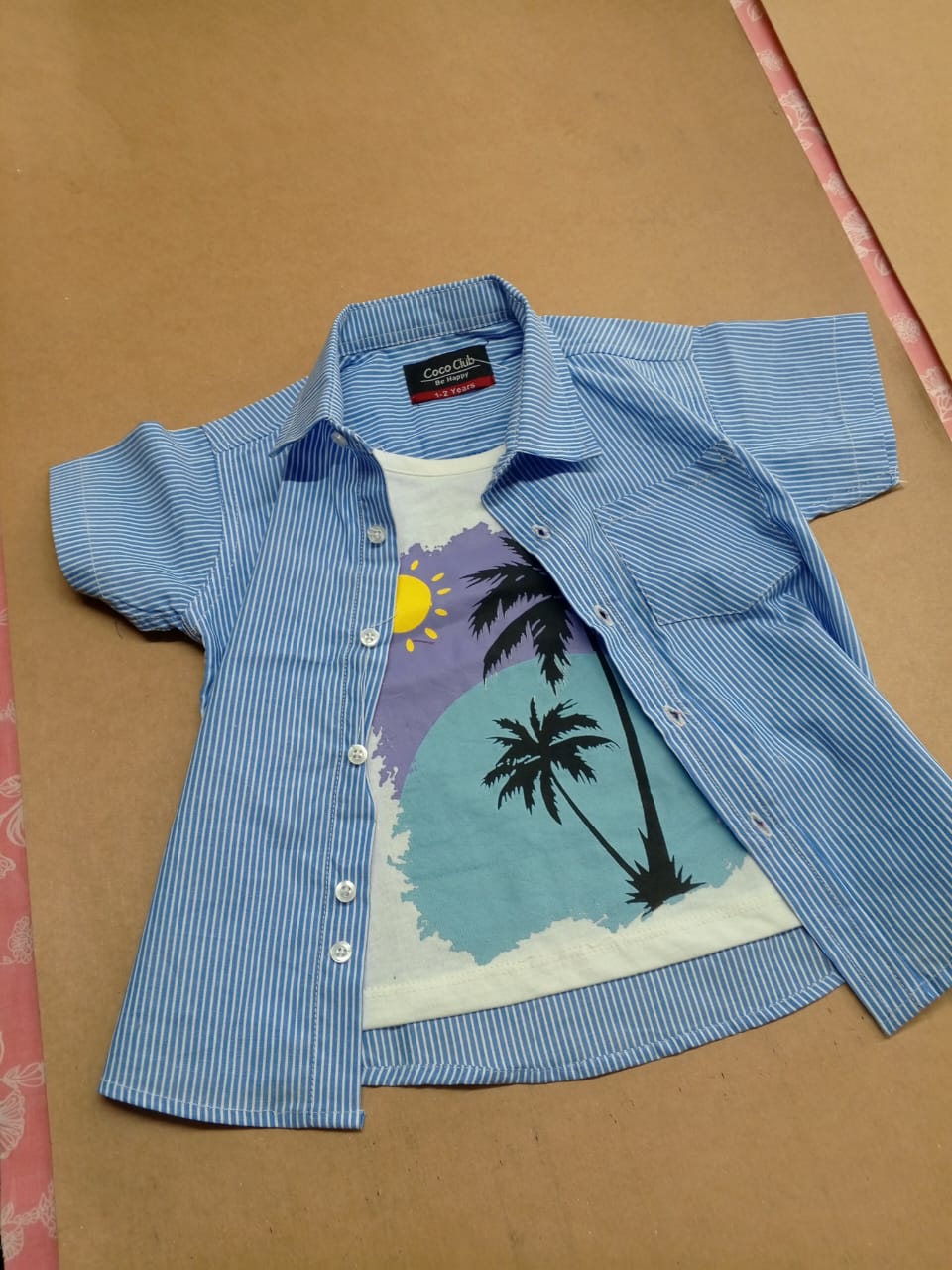 Tree Sun Print Blue Check Double Shirt Boys