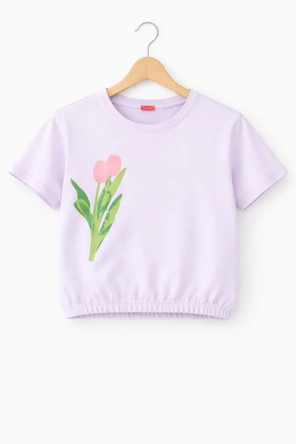 Short Length Tulip Print Purple T-Shirt Girls (28N, 21N)