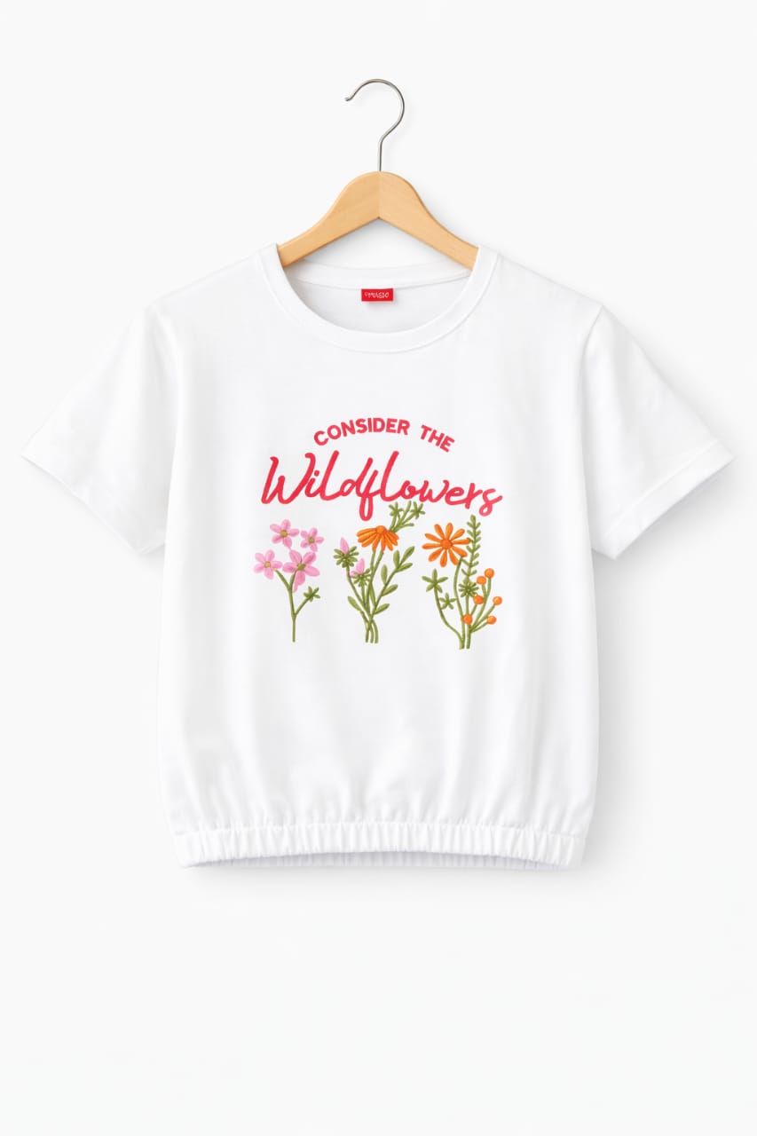 Short Length Wildflower Print Emroidery T- Shirt- Girls