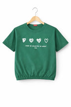 Short Length Five Heart Print Green T- Shirt- Girls