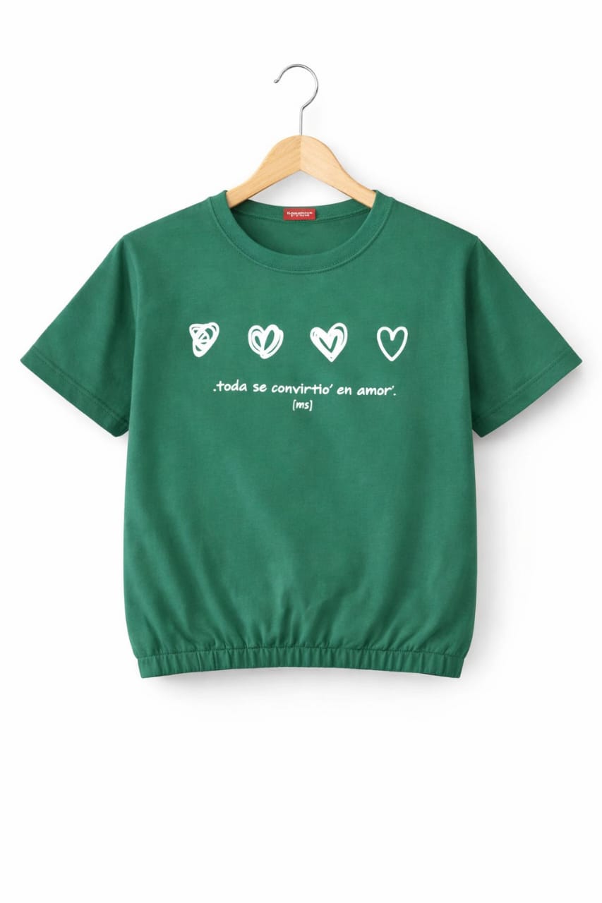 Short Length Five Heart Print Green T- Shirt- Girls